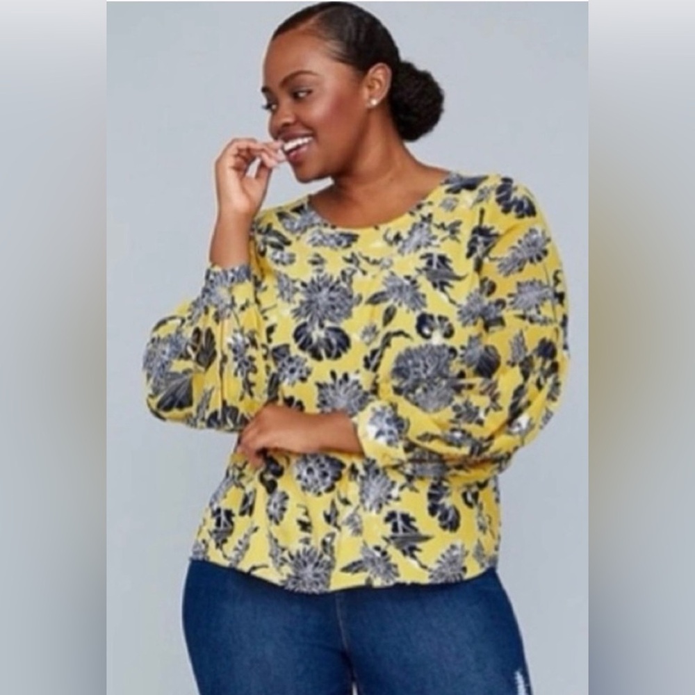 Girl with Curves X Lane Bryant‎ Yellow Floral Blouse Metallic Thread Size 24